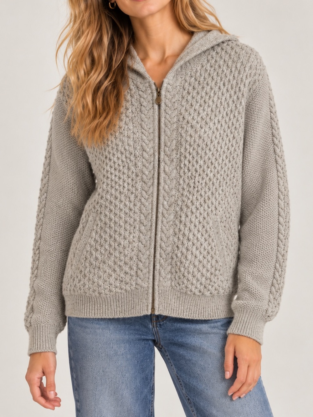IrelandsEye Wool Cashmere Cable Knit Hooded Full Zip Cardigan Sweater Gray Med